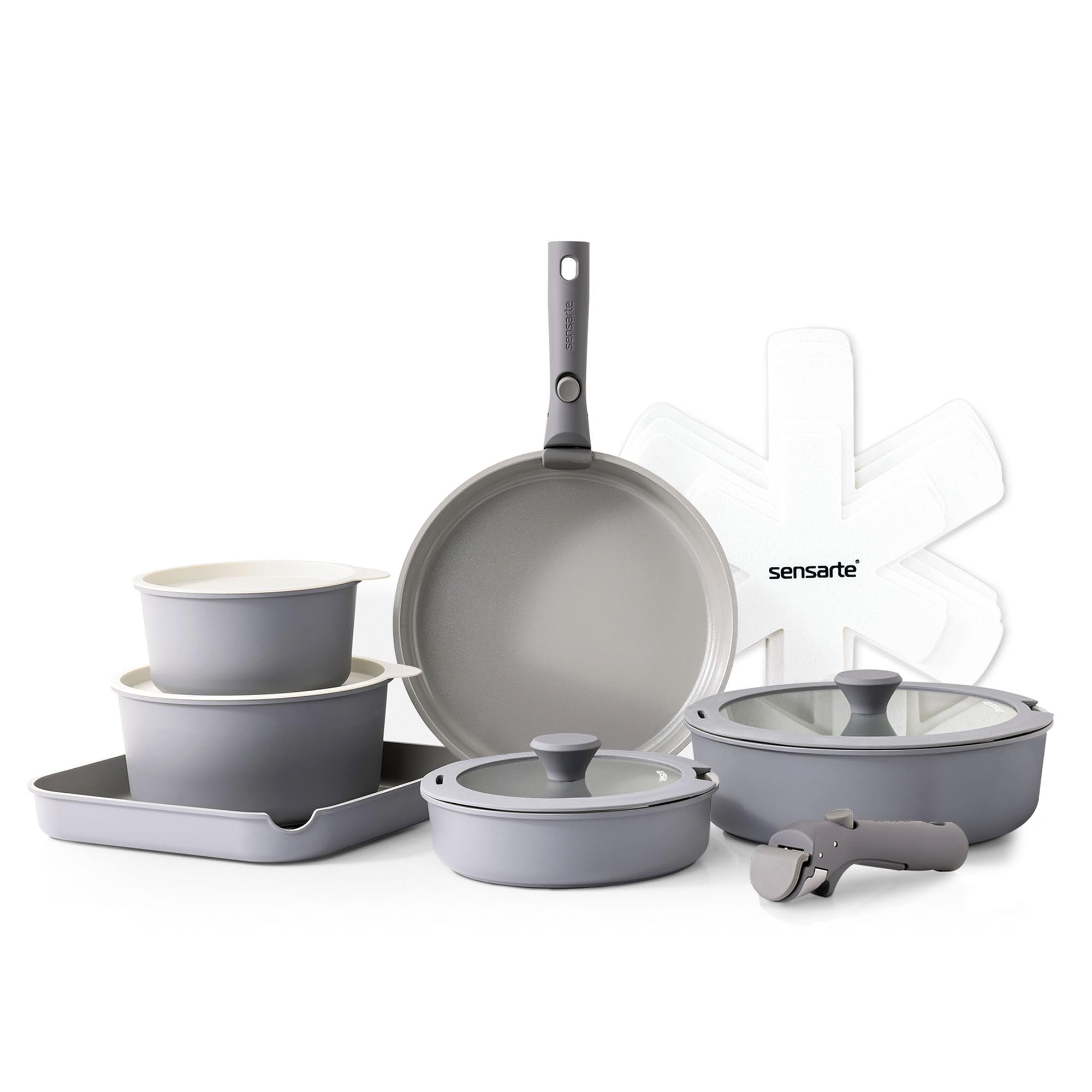 SENSARTE 17 Piece Ceramic Pots and Pans Set, Nonstick Detachable Handle Cookware, Induction Kitchen Cookware Set with Removable Handle, Dishwasher ＆ Oven Safe (Pink)
