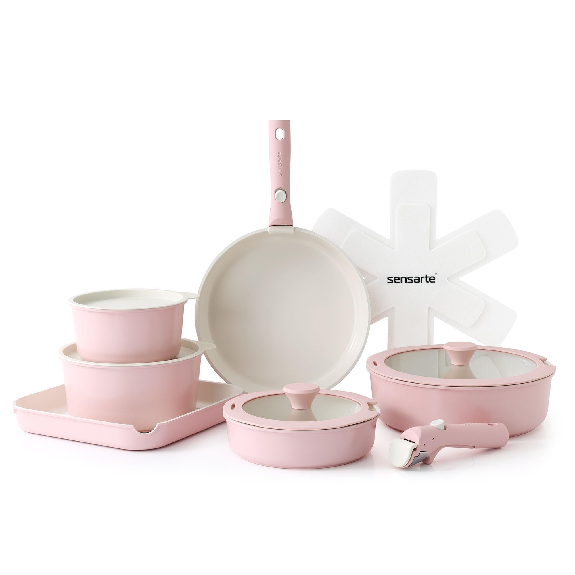 SENSARTE 17 Piece Ceramic Pots and Pans Set, Nonstick Detachable Handle Cookware, Induction Kitchen Cookware Set with Removable Handle, Dishwasher ＆ Oven Safe (Pink)