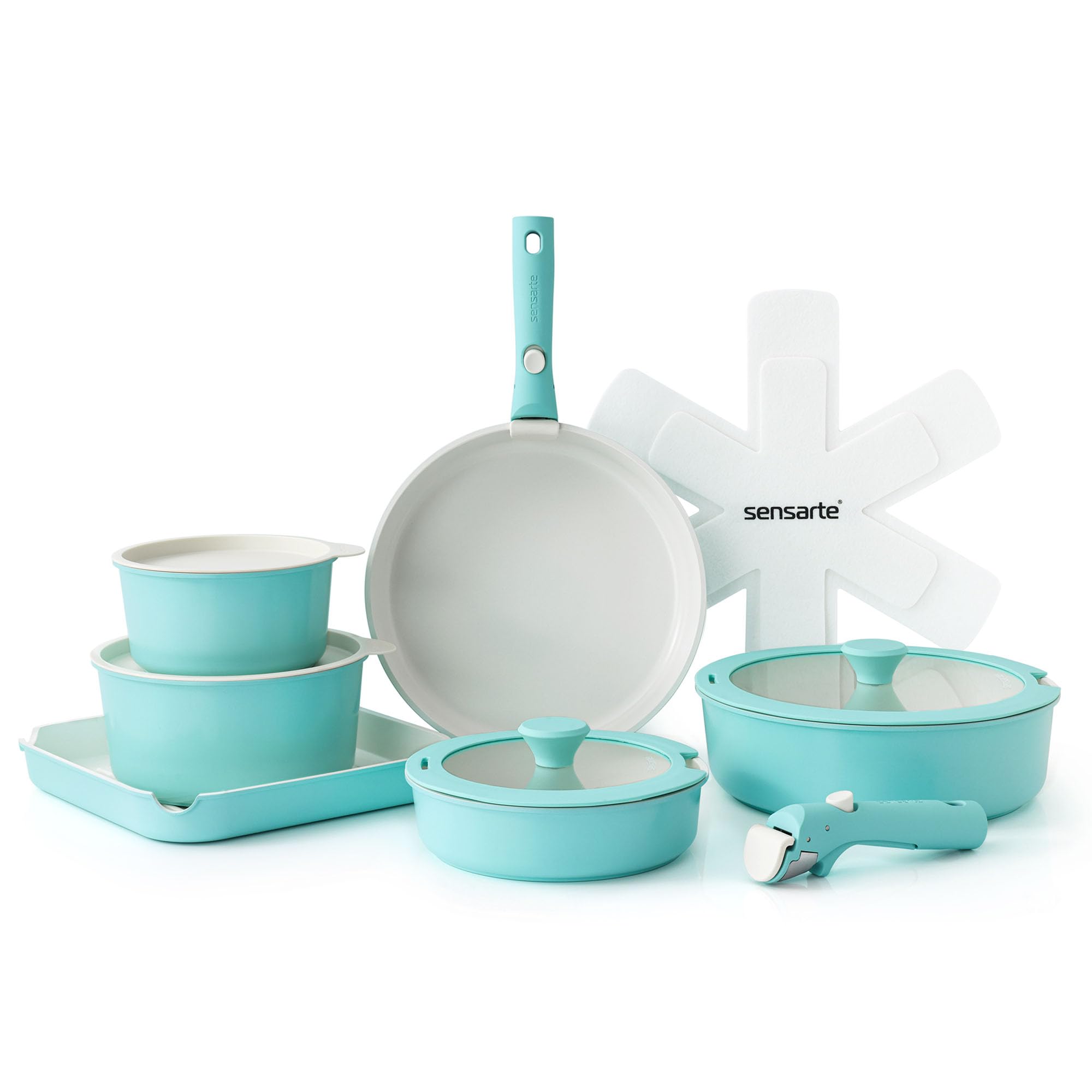 SENSARTE 17 Piece Ceramic Pots and Pans Set, Nonstick Detachable Handle Cookware, Induction Kitchen Cookware Set with Removable Handle, Dishwasher ＆ Oven Safe (Pink)