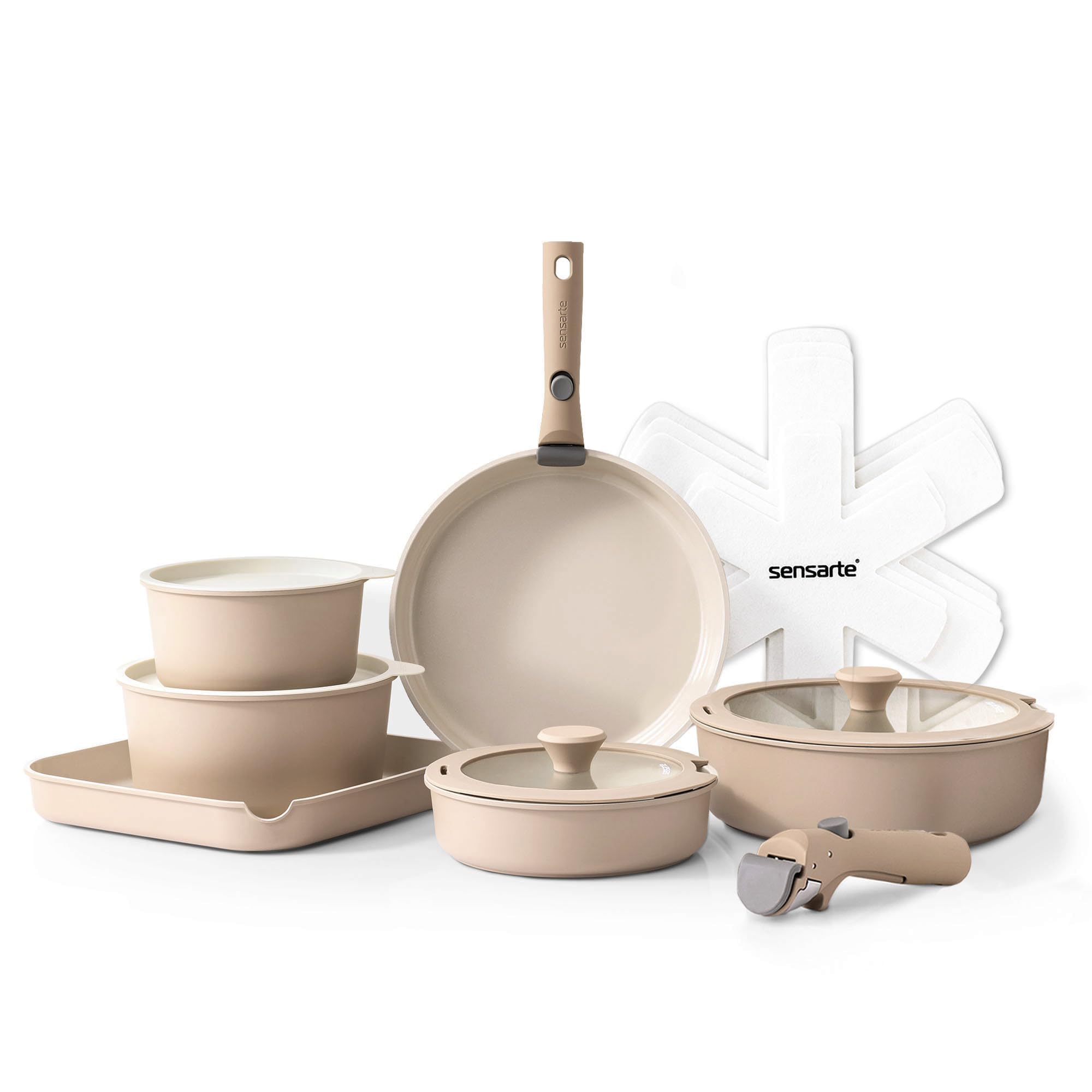 SENSARTE 17 Piece Ceramic Pots and Pans Set, Nonstick Detachable Handle Cookware, Induction Kitchen Cookware Set with Removable Handle, Dishwasher ＆ Oven Safe (Pink)