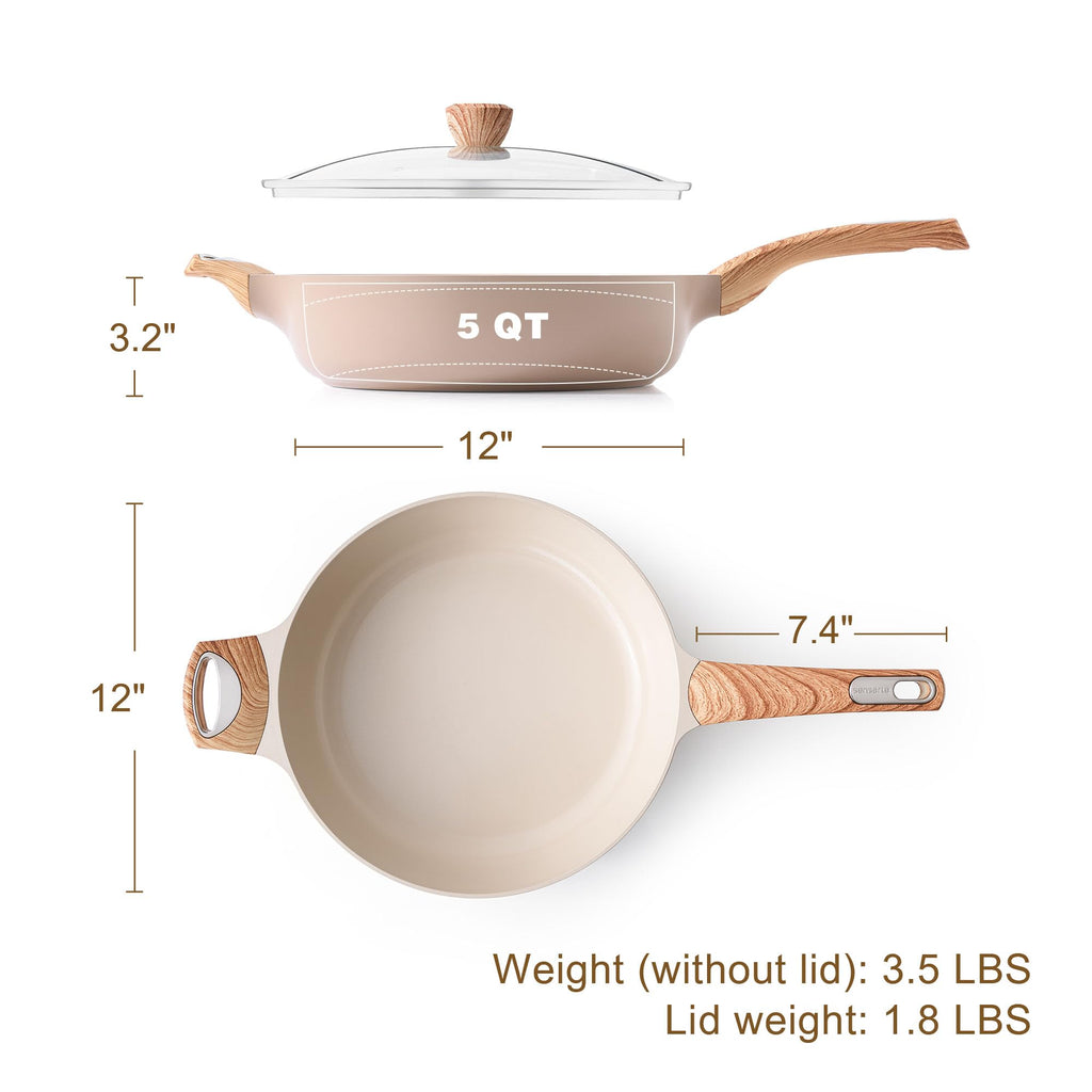 SENSARTE Ceramic Nonstick Frying Pan Skillet with Lid, 12 Inch Large Deep Frying Pan, 5 Qt Saute Pan, Induction Pan, Healthy Non Toxic Cooking Pan with Helper Handle, PFOA PFAS PTFE Free