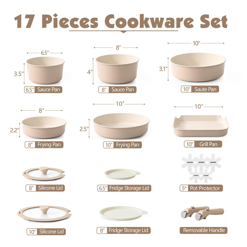 SENSARTE 17 Piece Ceramic Pots and Pans Set, Nonstick Detachable Handle Cookware, Induction Kitchen Cookware Set with Removable Handle, Dishwasher ＆ Oven Safe (Pink)