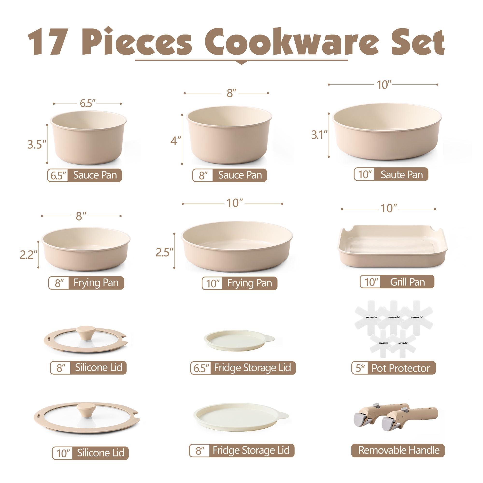 SENSARTE 17 Piece Ceramic Pots and Pans Set, Nonstick Detachable Handle Cookware, Induction Kitchen Cookware Set with Removable Handle, Dishwasher ＆ Oven Safe (Pink)