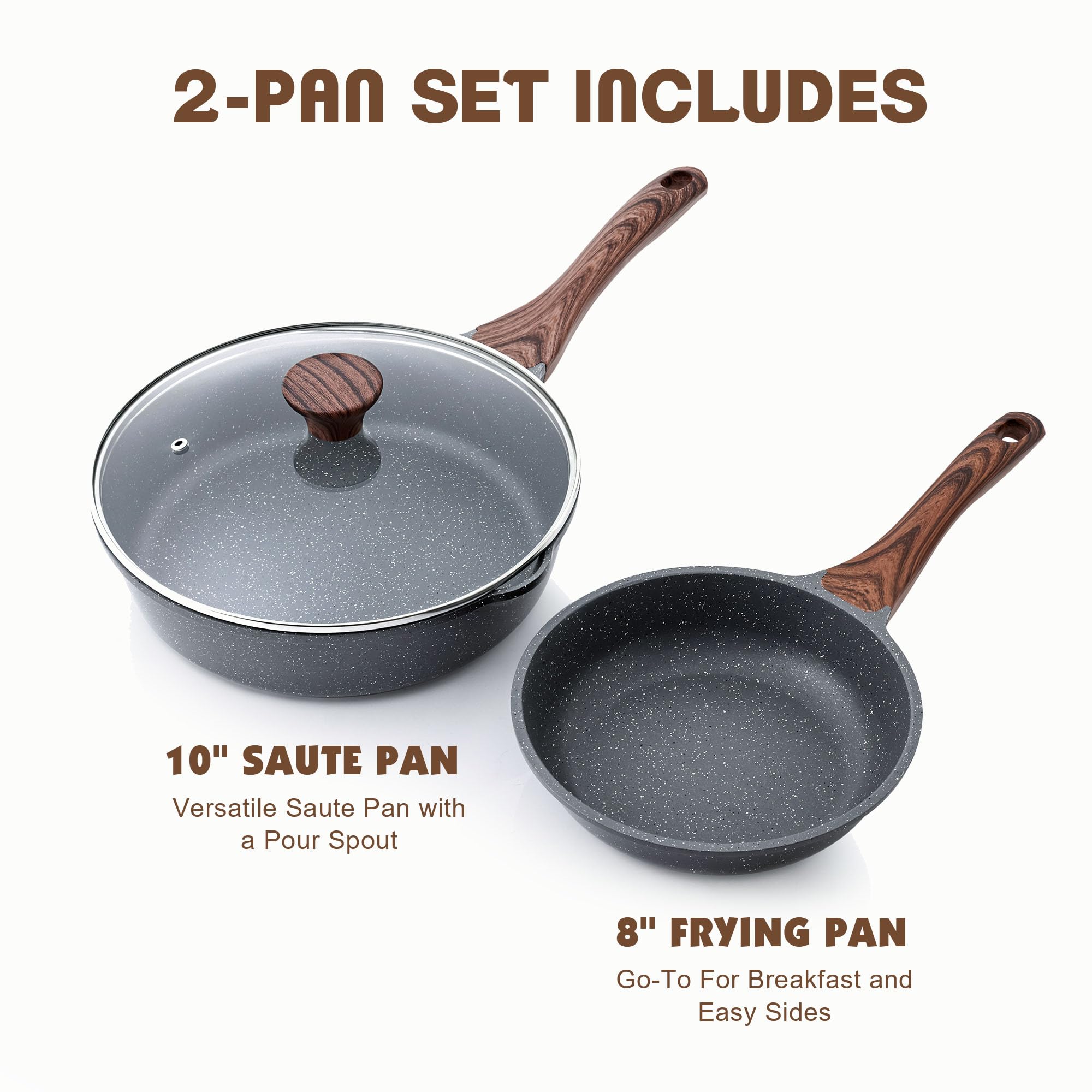 SENSARTE Nonstick Frying Pan Skillets, Swiss Granite Coating Omelette Pans, Healthy Cookware Chef's Pan, Free of Intentionally Added PFOA (8+11Inch with Lid)