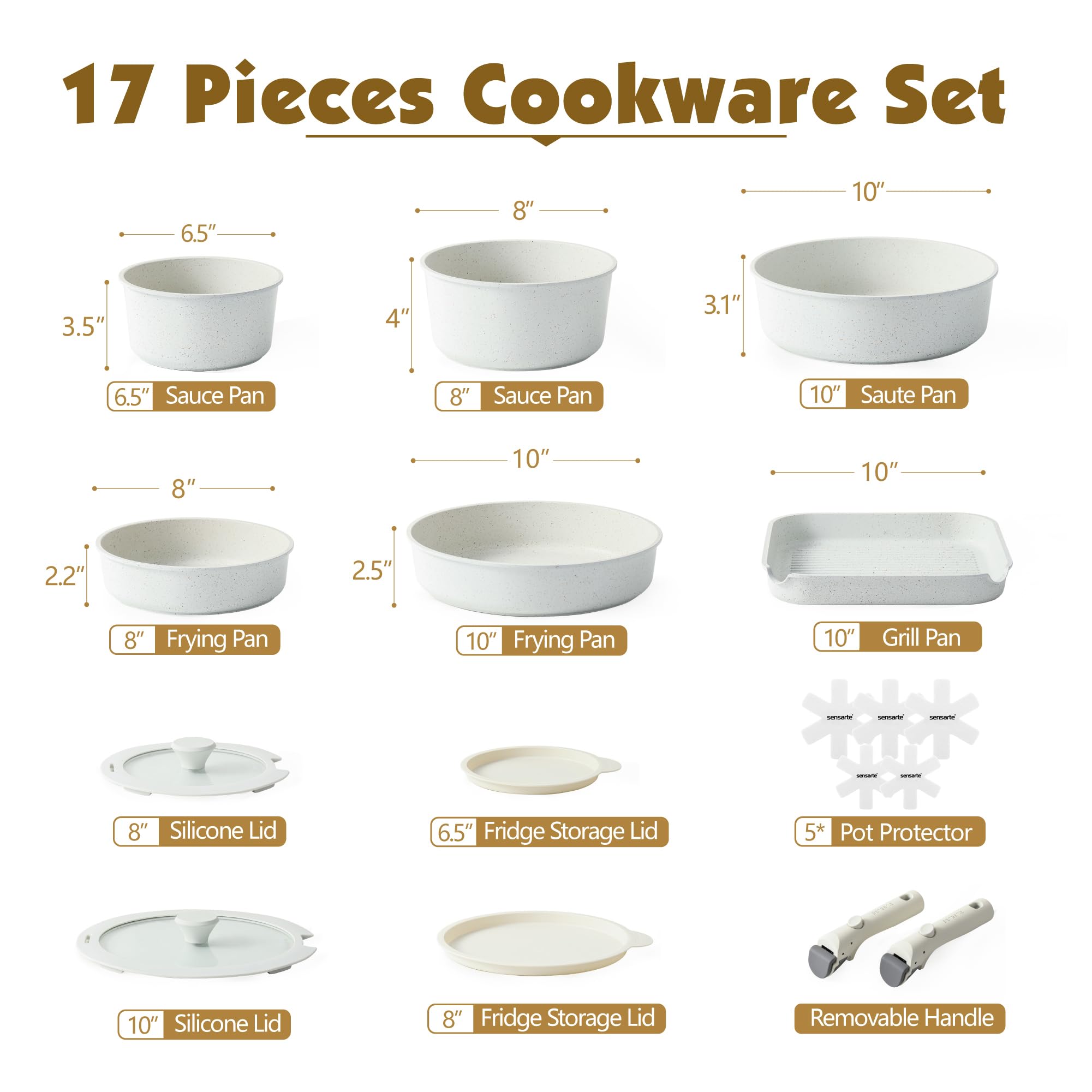 SENSARTE 17 Piece Ceramic Pots and Pans Set, Nonstick Detachable Handle Cookware, Induction Kitchen Cookware Set with Removable Handle, Dishwasher ＆ Oven Safe (Pink)