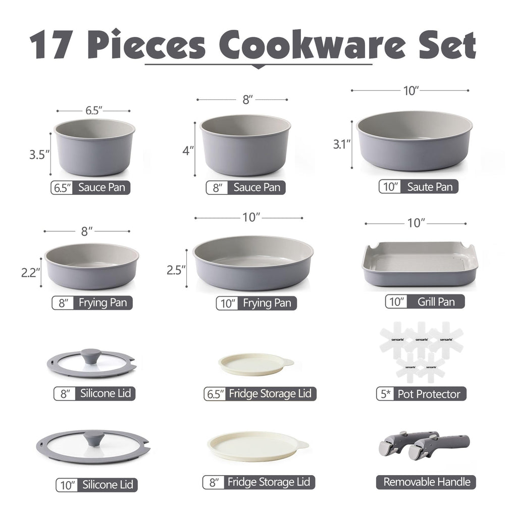 SENSARTE 17 Piece Ceramic Pots and Pans Set, Nonstick Detachable Handle Cookware, Induction Kitchen Cookware Set with Removable Handle, Dishwasher ＆ Oven Safe (Pink)
