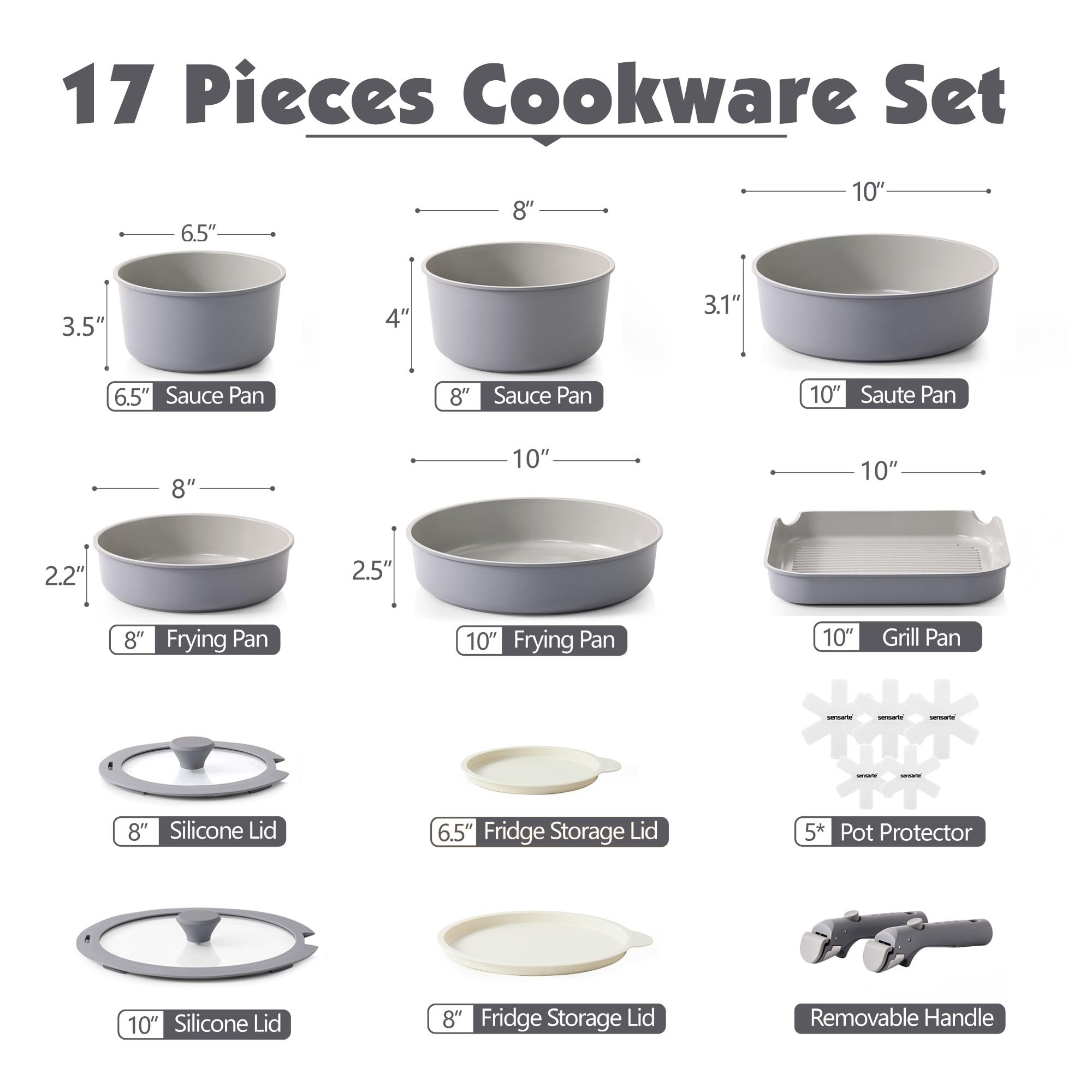 SENSARTE 17 Piece Ceramic Pots and Pans Set, Nonstick Detachable Handle Cookware, Induction Kitchen Cookware Set with Removable Handle, Dishwasher ＆ Oven Safe (Pink)