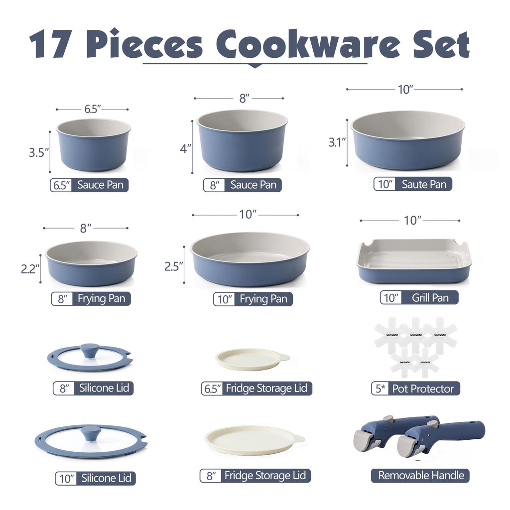 SENSARTE 17 Piece Ceramic Pots and Pans Set, Nonstick Detachable Handle Cookware, Induction Kitchen Cookware Set with Removable Handle, Dishwasher ＆ Oven Safe (Pink)