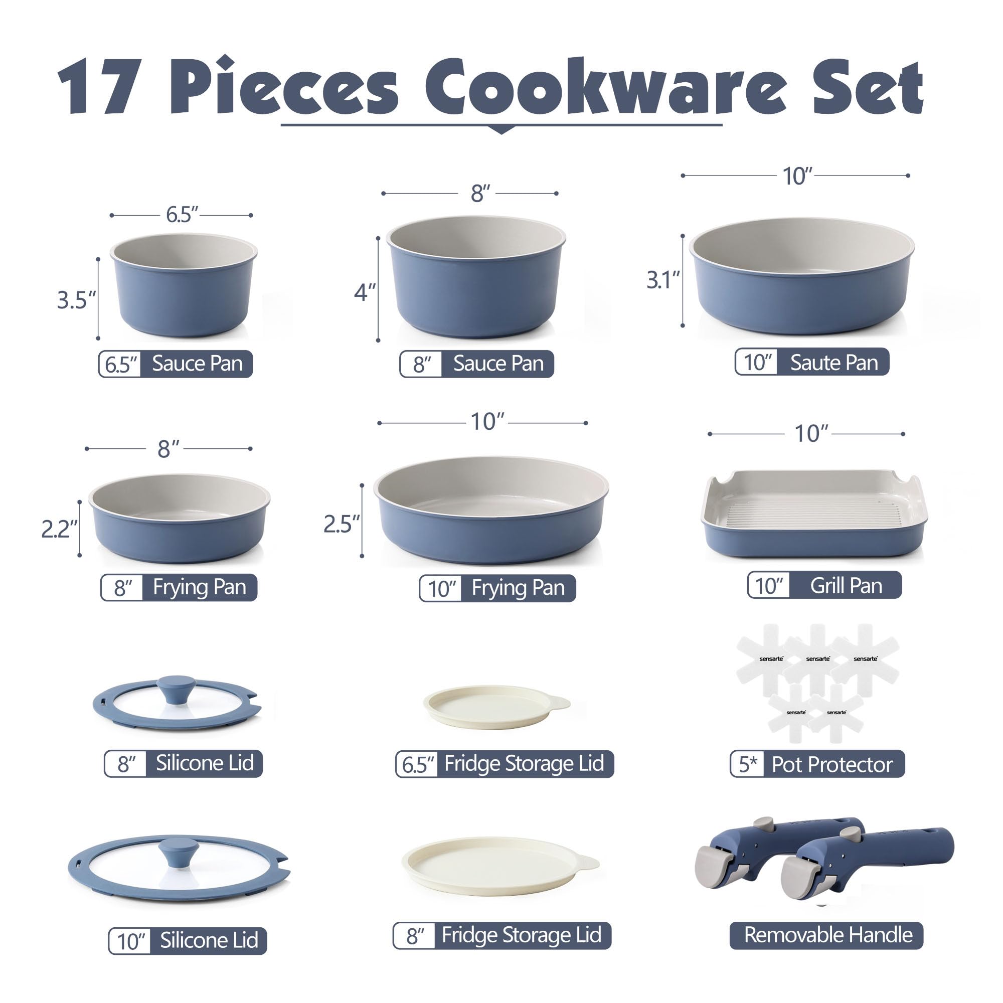 SENSARTE 17 Piece Ceramic Pots and Pans Set, Nonstick Detachable Handle Cookware, Induction Kitchen Cookware Set with Removable Handle, Dishwasher ＆ Oven Safe (Pink)