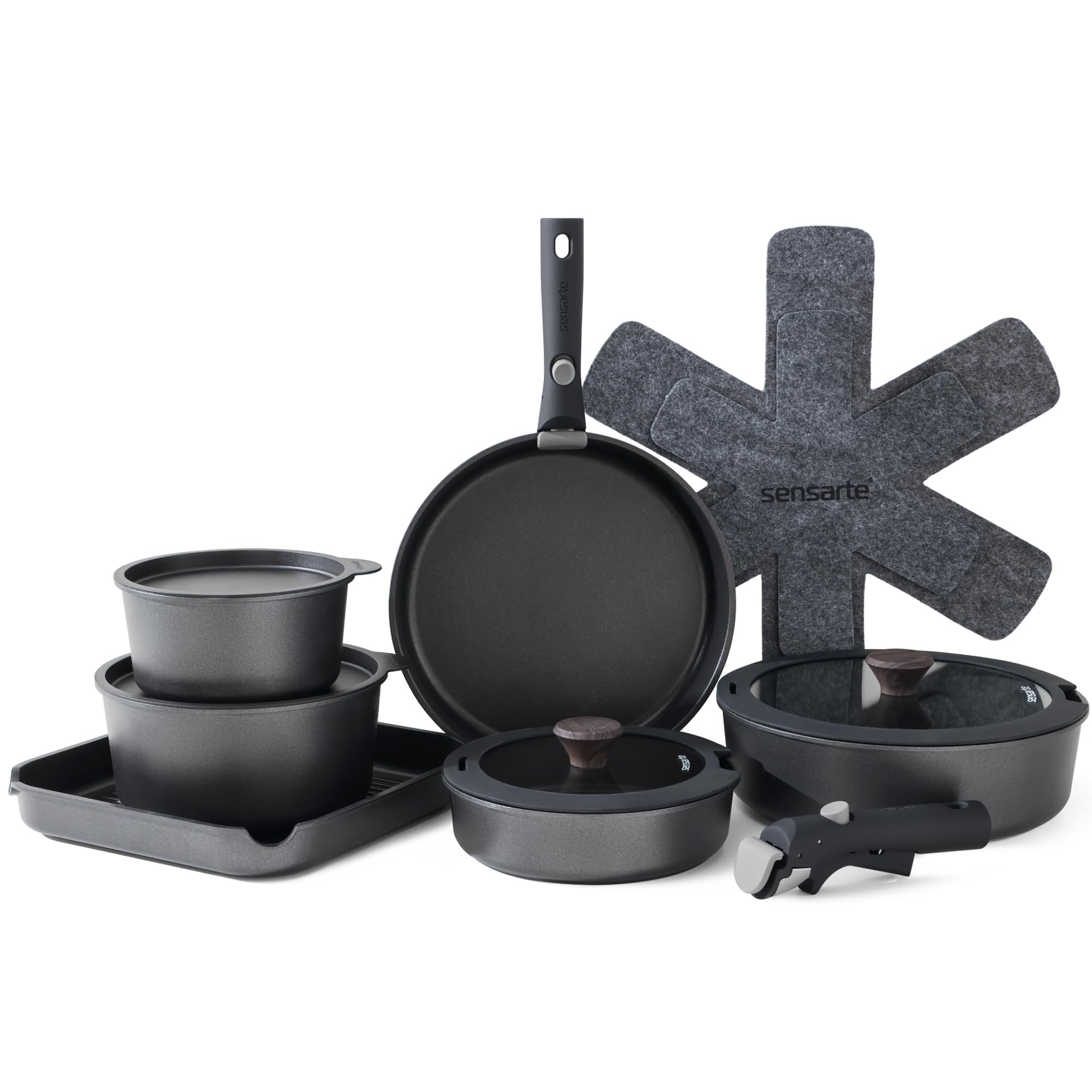 SENSARTE 17 Piece Ceramic Pots and Pans Set, Nonstick Detachable Handle Cookware, Induction Kitchen Cookware Set with Removable Handle, Dishwasher ＆ Oven Safe (Pink)