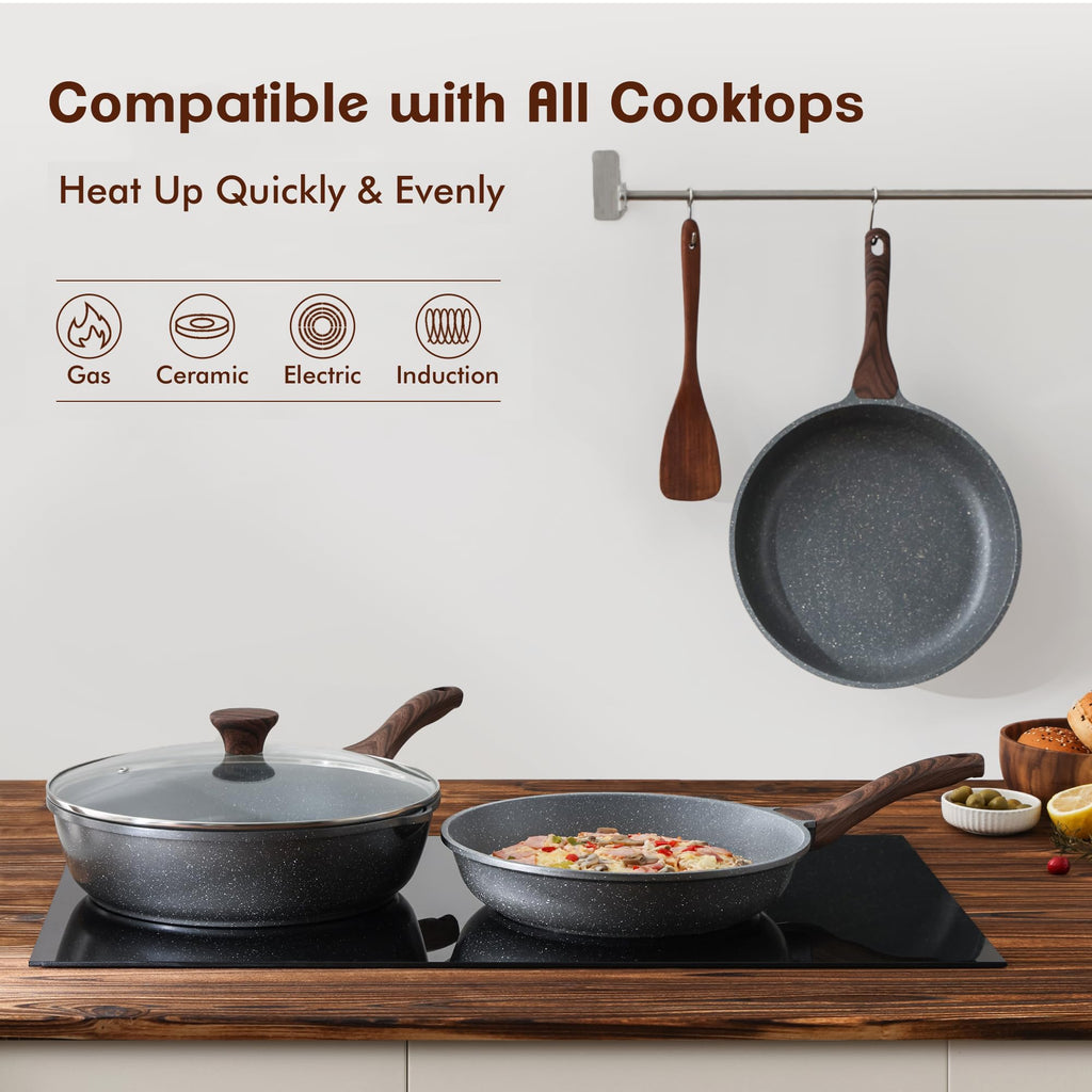 SENSARTE Nonstick Frying Pan Skillets, Swiss Granite Coating Omelette Pans, Healthy Cookware Chef's Pan, Free of Intentionally Added PFOA (8+11Inch with Lid)