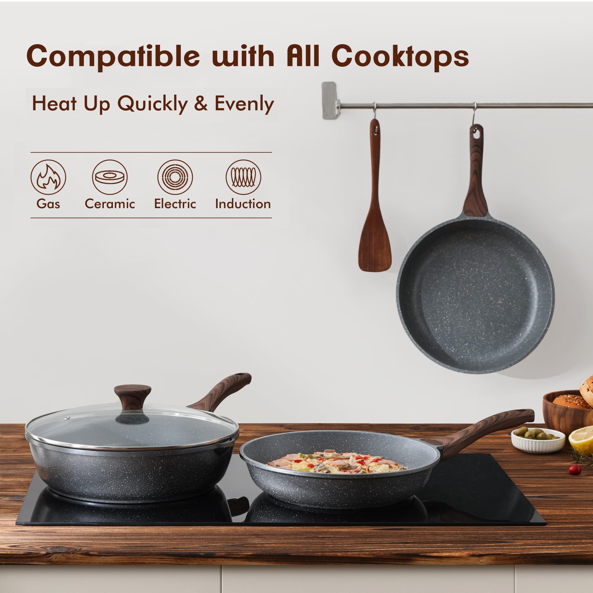 SENSARTE Nonstick Frying Pan Skillets, Swiss Granite Coating Omelette Pans, Healthy Cookware Chef's Pan, Free of Intentionally Added PFOA (8+11Inch with Lid)