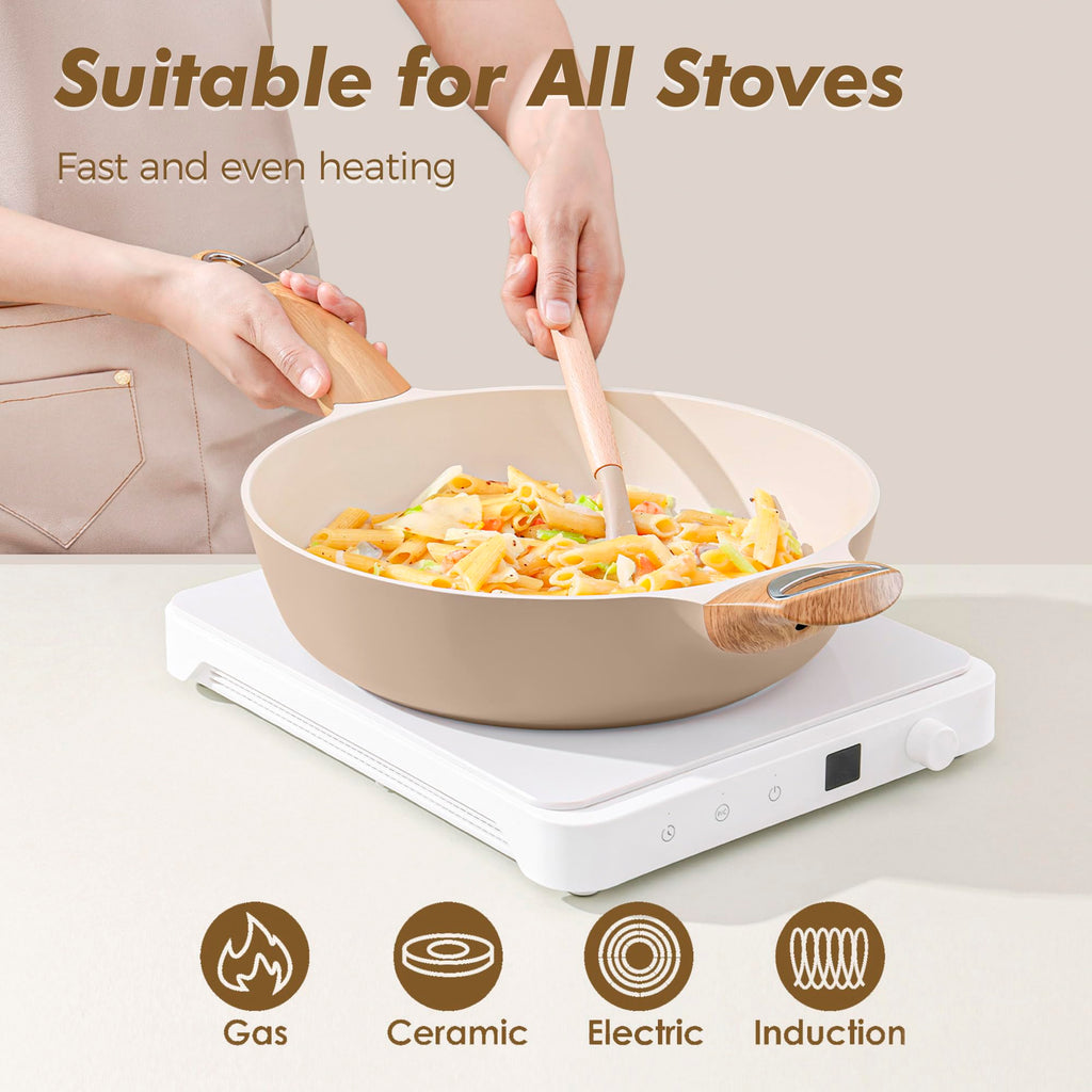 SENSARTE Ceramic Nonstick Frying Pan Skillet with Lid, 12 Inch Large Deep Frying Pan, 5 Qt Saute Pan, Induction Pan, Healthy Non Toxic Cooking Pan with Helper Handle, PFOA PFAS PTFE Free