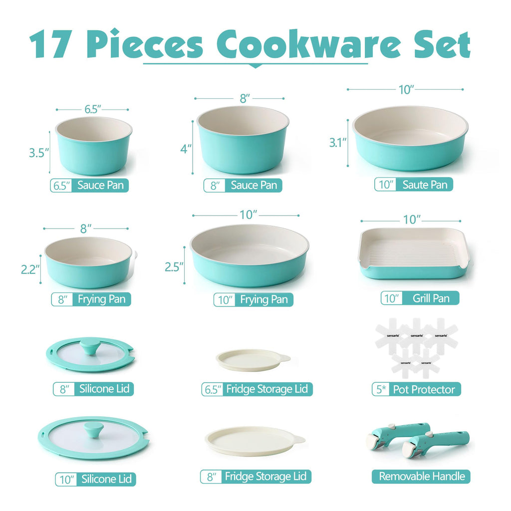SENSARTE 17 Piece Ceramic Pots and Pans Set, Nonstick Detachable Handle Cookware, Induction Kitchen Cookware Set with Removable Handle, Dishwasher ＆ Oven Safe (Pink)