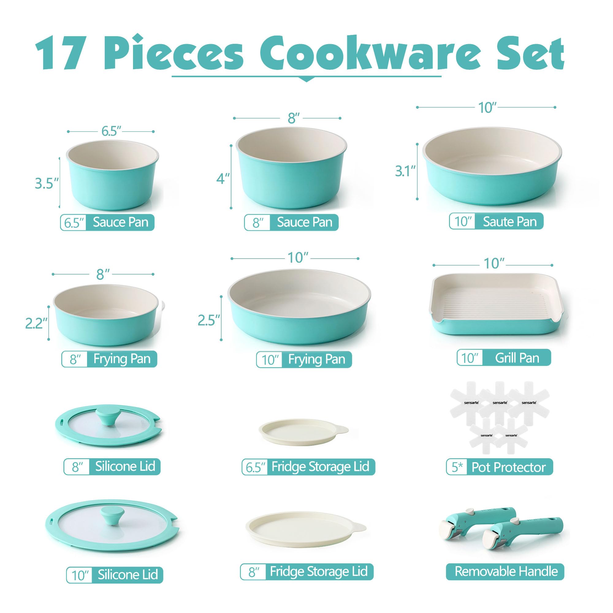 SENSARTE 17 Piece Ceramic Pots and Pans Set, Nonstick Detachable Handle Cookware, Induction Kitchen Cookware Set with Removable Handle, Dishwasher ＆ Oven Safe (Pink)