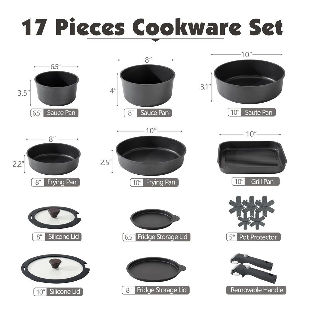 SENSARTE 17 Piece Ceramic Pots and Pans Set, Nonstick Detachable Handle Cookware, Induction Kitchen Cookware Set with Removable Handle, Dishwasher ＆ Oven Safe (Pink)