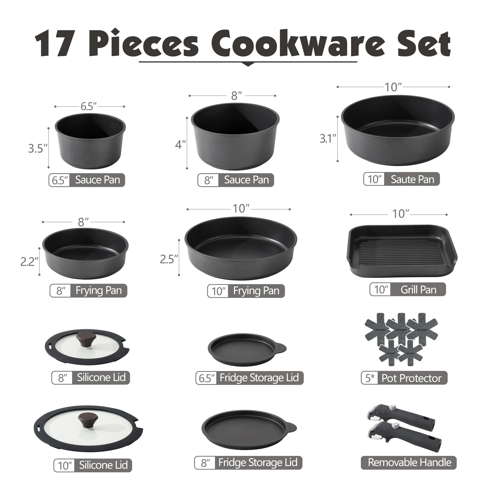 SENSARTE 17 Piece Ceramic Pots and Pans Set, Nonstick Detachable Handle Cookware, Induction Kitchen Cookware Set with Removable Handle, Dishwasher ＆ Oven Safe (Pink)