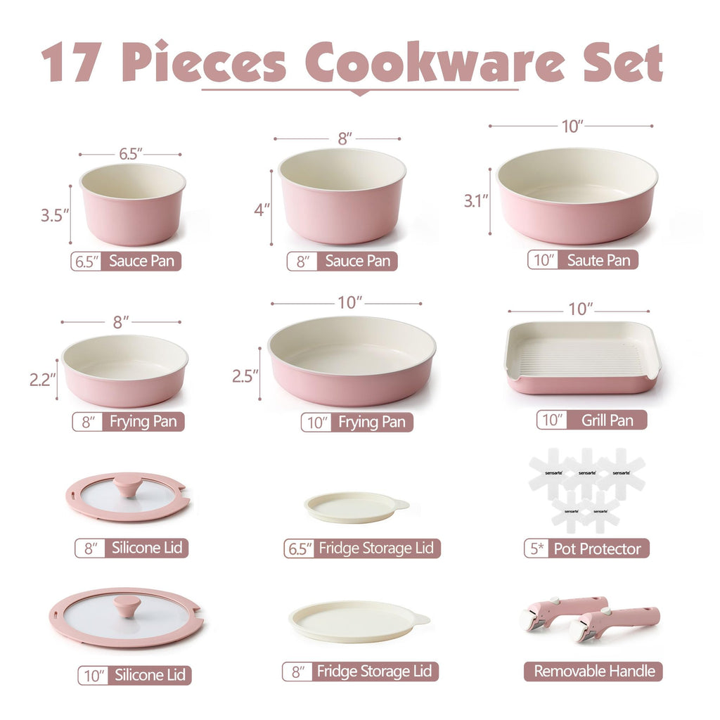 SENSARTE 17 Piece Ceramic Pots and Pans Set, Nonstick Detachable Handle Cookware, Induction Kitchen Cookware Set with Removable Handle, Dishwasher ＆ Oven Safe (Pink)