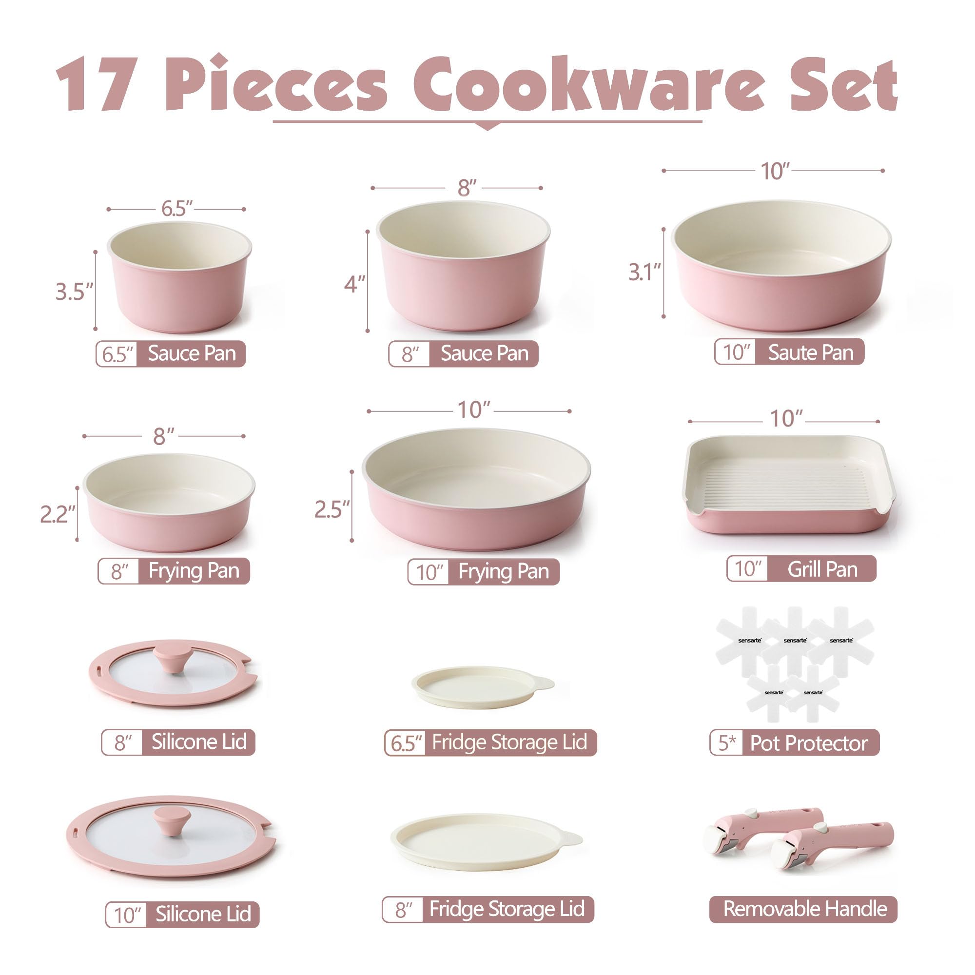 SENSARTE 17 Piece Ceramic Pots and Pans Set, Nonstick Detachable Handle Cookware, Induction Kitchen Cookware Set with Removable Handle, Dishwasher ＆ Oven Safe (Pink)