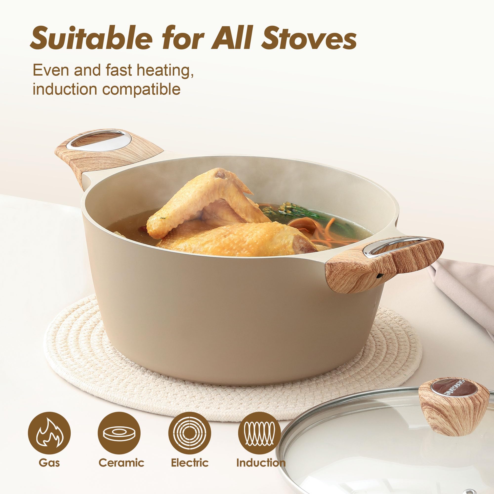 SENSARTE Nonstick Stock Pot with Lid, 2.6/4.5/6.6 QT Soup Pot Casserole Pot, Healthy Pasta Pot, Large Deep Cooking Pot, Big Sauce Pot Stew Pot, Induction Compatible, PFOA PFOS APEO Free, Black