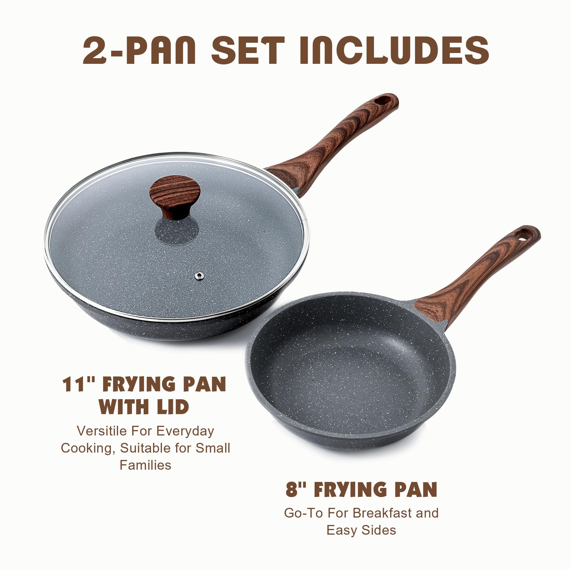 SENSARTE Nonstick Frying Pan Skillets, Swiss Granite Coating Omelette Pans, Healthy Cookware Chef's Pan, Free of Intentionally Added PFOA (8+11Inch with Lid)