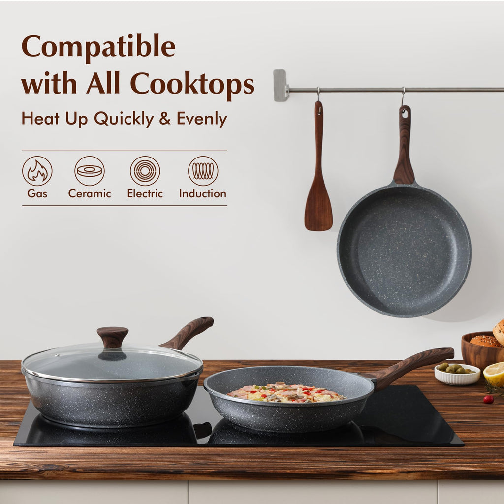 SENSARTE Nonstick Frying Pan Skillets, Swiss Granite Coating Omelette Pans, Healthy Cookware Chef's Pan, Free of Intentionally Added PFOA (8+11Inch with Lid)