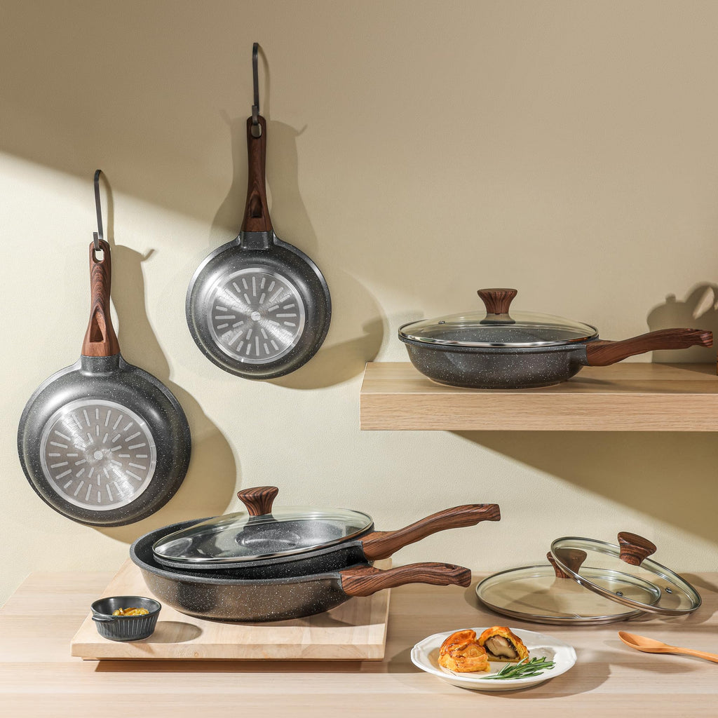 SENSARTE Nonstick Frying Pan Skillets, Swiss Granite Coating Omelette Pans, Healthy Cookware Chef's Pan, Free of Intentionally Added PFOA (8+11Inch with Lid)