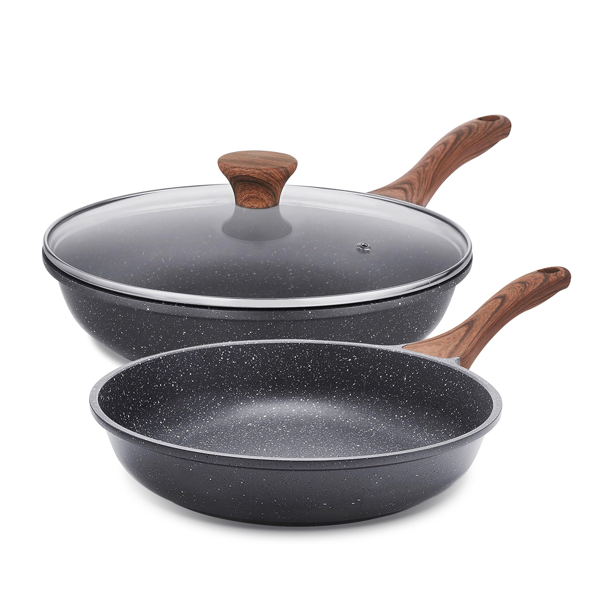 SENSARTE Nonstick Frying Pan Skillets, Swiss Granite Coating Omelette Pans, Healthy Cookware Chef's Pan, Free of Intentionally Added PFOA (8+11Inch with Lid)