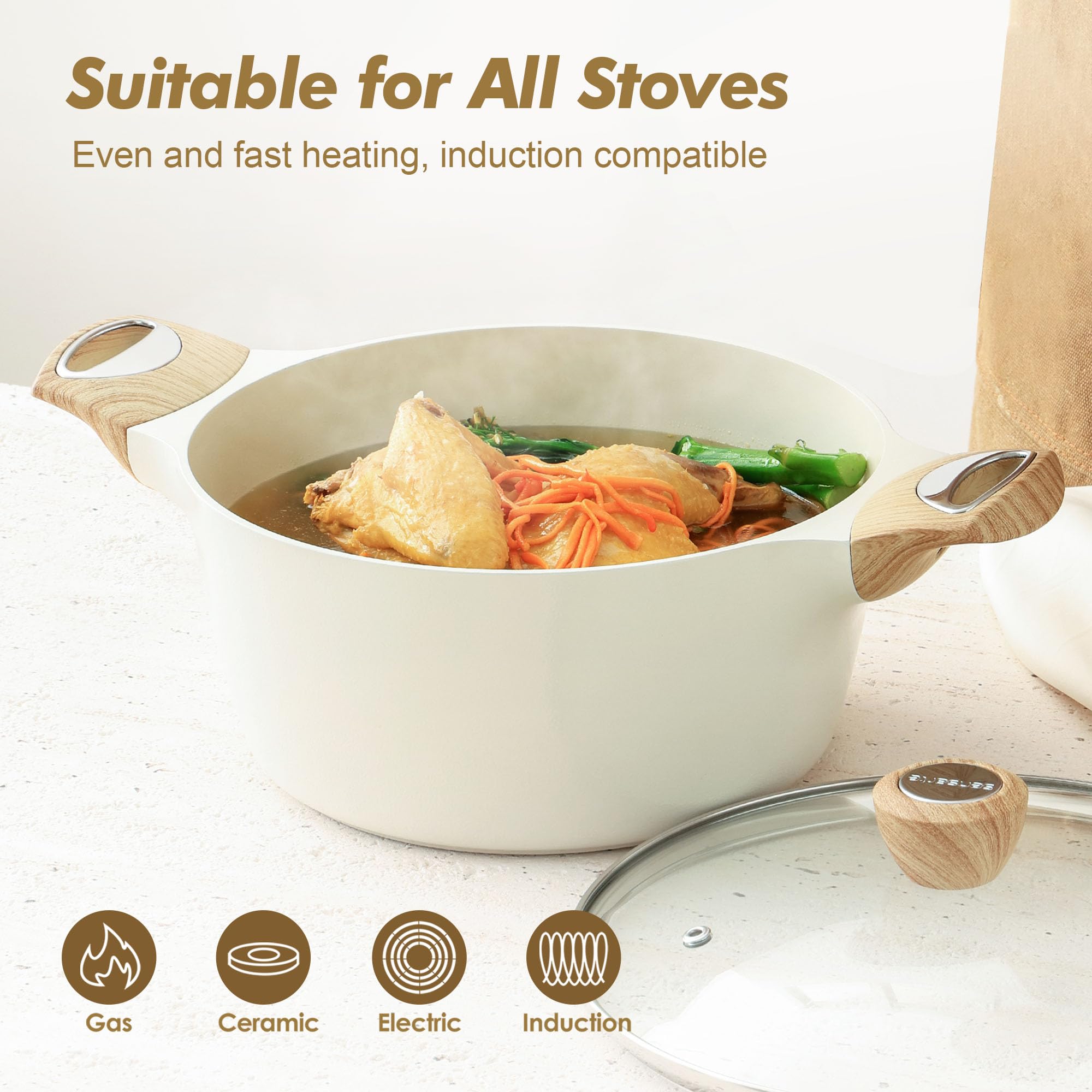 SENSARTE Nonstick Stock Pot with Lid, 2.6/4.5/6.6 QT Soup Pot Casserole Pot, Healthy Pasta Pot, Large Deep Cooking Pot, Big Sauce Pot Stew Pot, Induction Compatible, PFOA PFOS APEO Free, Black