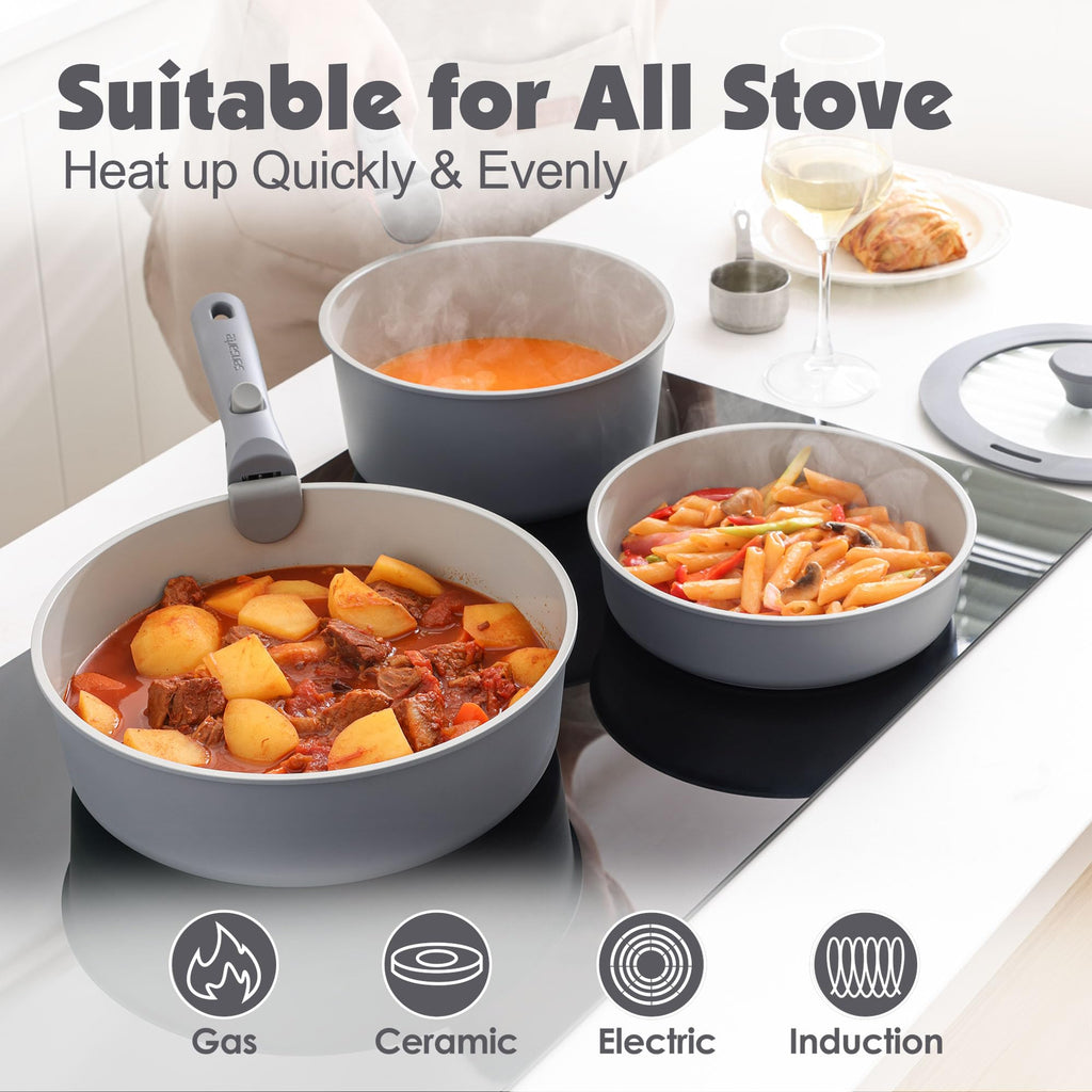 SENSARTE 17 Piece Ceramic Pots and Pans Set, Nonstick Detachable Handle Cookware, Induction Kitchen Cookware Set with Removable Handle, Dishwasher ＆ Oven Safe (Pink)
