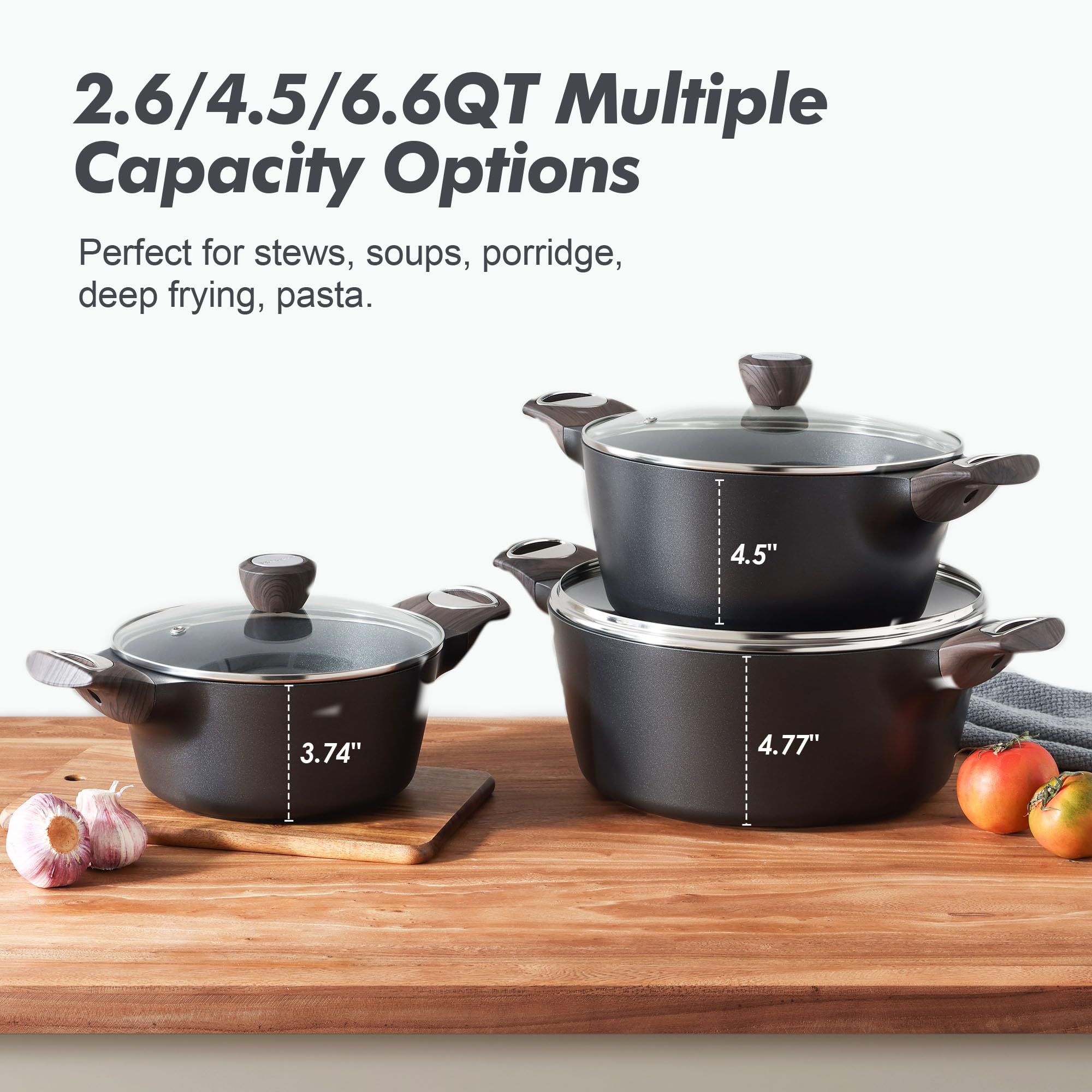 SENSARTE Nonstick Stock Pot with Lid, 2.6/4.5/6.6 QT Soup Pot Casserole Pot, Healthy Pasta Pot, Large Deep Cooking Pot, Big Sauce Pot Stew Pot, Induction Compatible, PFOA PFOS APEO Free, Black