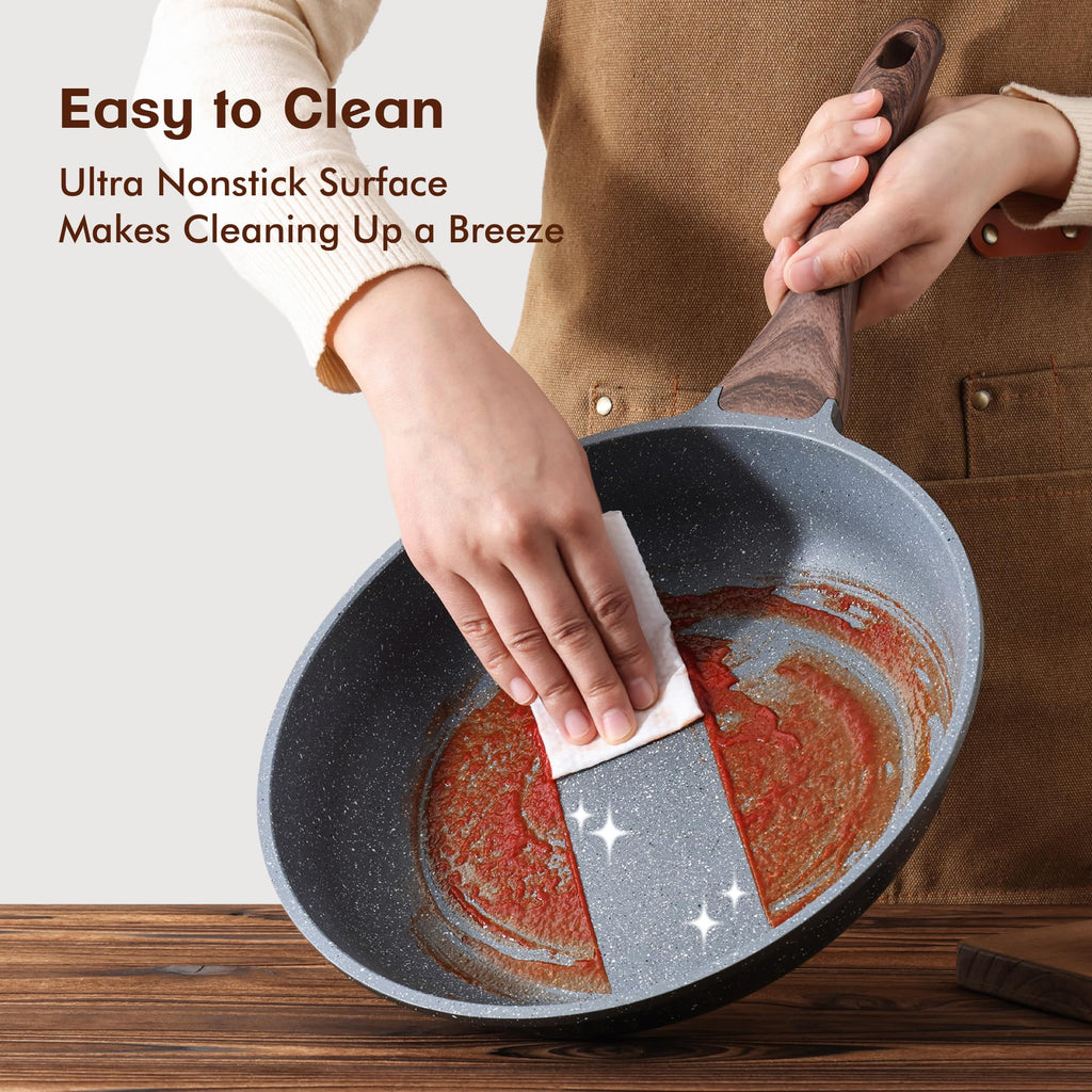 SENSARTE Nonstick Frying Pan Skillets, Swiss Granite Coating Omelette Pans, Healthy Cookware Chef's Pan, Free of Intentionally Added PFOA (8+11Inch with Lid)